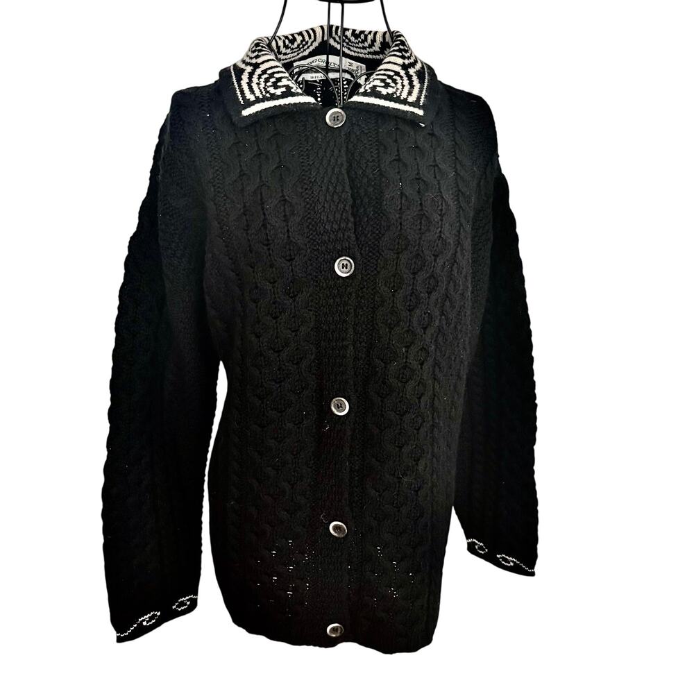 Aran Crafts Ireland 100% Merino Black Collared Cardigan Sweater Fisherman Knit